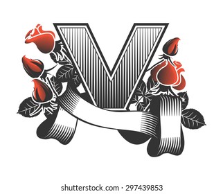 Vintage letter randomly drawn bars decorated with ribbons and leaves roses on a white background, letter  V