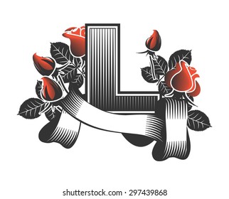 Vintage letter randomly drawn bars decorated with ribbons and leaves roses on a white background, letter  L