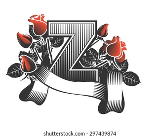 Vintage letter randomly drawn bars decorated with ribbons and leaves roses on a white background, letter  Z