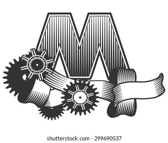 Vintage letter randomly drawn bars decorated with ribbons metal parts gears steam punk style, on a white background, letter M