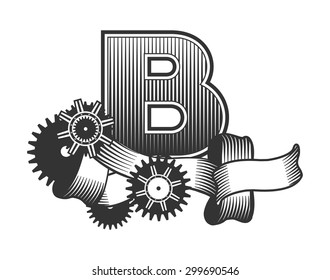 Vintage letter randomly drawn bars decorated with ribbons metal parts gears steam punk style, on a white background, letter B