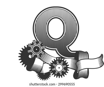 Vintage letter randomly drawn bars decorated with ribbons metal parts gears steam punk style, on a white background, letter Q