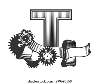 Vintage letter randomly drawn bars decorated with ribbons metal parts gears steam punk style, on a white background, letter T