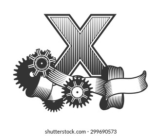 Vintage letter randomly drawn bars decorated with ribbons metal parts gears steam punk style, on a white background, letter X