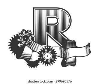 Vintage letter randomly drawn bars decorated with ribbons metal parts gears steam punk style, on a white background, letter R