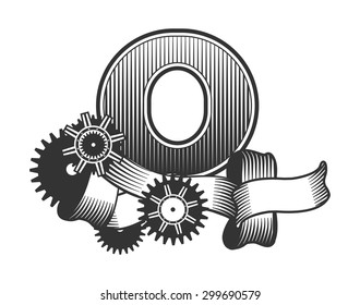 Vintage letter randomly drawn bars decorated with ribbons metal parts gears steam punk style, on a white background, letter O