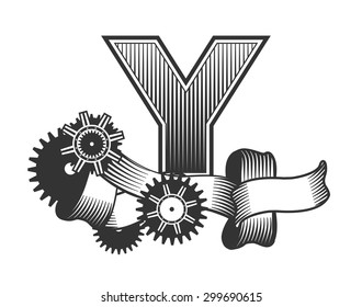 Vintage letter randomly drawn bars decorated with ribbons metal parts gears steam punk style, on a white background, letter Y