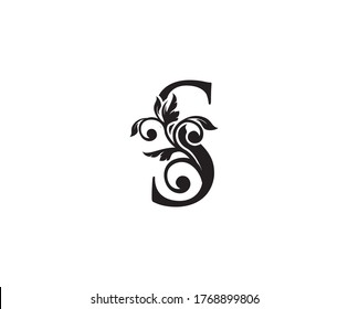 Vintage Letter S Logo. Classic S Letter Design Vector with Black Color and Floral Hand Drawn.