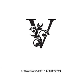 Logo de la letra vintage V. Vector de diseño de letras clásicas V con color negro y mano floral dibujada.