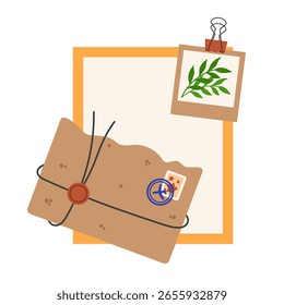 Carta de Antiguas, ícono de Vector. Sobre abierto con sello postal, sello de cera, atado con cuerda. Espacio de copia en papel, foto de la planta adjunta con el Clip de la carpeta. Mensaje del viaje, correspondencia