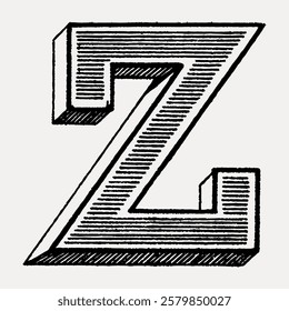 Vintage letter Z illustration in black and white. Retro style Z with intricate lines. Classic Z design, perfect for typography enthusiasts. Vintage black font isolated on white, vector.