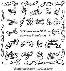 Vintage lettering ampersand and catchwords. Doodle catchword, hand drawn ampersands in frames and the sign vector set. 