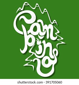 Vintage lettering label with mountains, forest and sun. Vector illustration