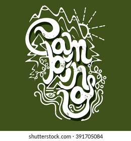 Vintage lettering label with mountains, forest and sun. Vector illustration