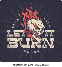 Afiche de letras antiguas con ilustración de cráneo vectorial en llamas