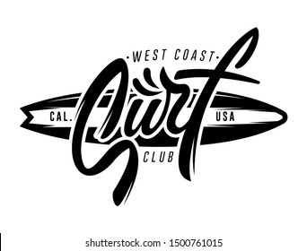 Vintage lettering surfing logo, emblem, badge, label. Graphic vector Illustration. Surf t-shirt design.