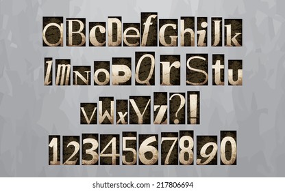 Vintage letterpress printing blocks alphabet, vector