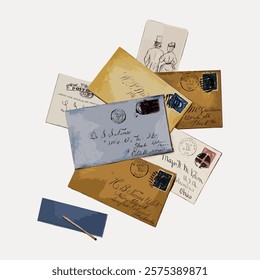 Vintage letters and envelopes, postal stamps, and handwriting. Envelopes and letters nostalgia. Handwriting and stamps on vintage envelopes. Vintage art drawing illustration, painting art vector.