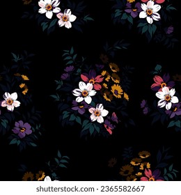 Vintage liberty floral background. Seamless vector pattern for design and fashion prints. Night floral pattern with small colorful flowers on a black background. Realistic style.