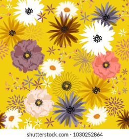 Vintage Liberty flower seamless pattern ,Gentle blooming trendy  in mid-scale flower. Floral meadow background for textile, fabric, covers,  wallpapers, print, gift wrap on beautiful yellow