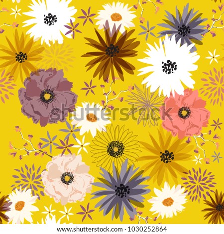 Vintage Liberty flower seamless pattern ,Gentle blooming trendy  in mid-scale flower. Floral meadow background for textile, fabric, covers,  wallpapers, print, gift wrap on beautiful yellow