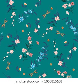 Vintage liberty pastel color in Delicate seamless pattern vector liberty little flowers. Floral pattern for fashion prints. Design for textile, wallpapers, wrapping, paper on stylish green background.