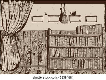 Vintage library interior. Drawing. Vector