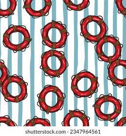 Vintage lifebuoy with rope sketch seamless pattern. Hand drawn life ring in engraving style wallpaper. For fabric design, textile print, wrapping paper, cover. Vector illustration