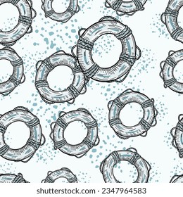 Vintage lifebuoy with rope sketch seamless pattern. Hand drawn life ring in engraving style wallpaper. For fabric design, textile print, wrapping paper, cover. Vector illustration