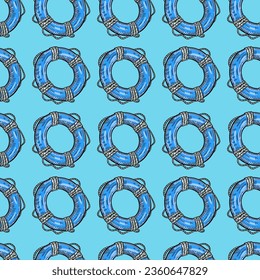 Vintage lifebuoy with rope sketch seamless pattern. Hand drawn life ring in engraving style wallpaper. For fabric design, textile print, wrapping paper, cover. Vector illustration