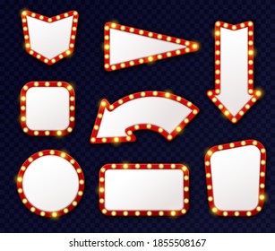 Vintage light arrows pointers. Shining retro design signs with bulbs around frames, vintage show lighted accessory, cinema theatre and casino elements, mirror with lamps. Realistic vector isolated set