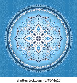 Vintage light blue pattern in shape of a circle. Mandala.  Colorful vector frame in Victorian style on light  blue background. Baroque ornate element. Ornamental pattern and traditional decor.