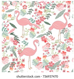 Vintage Light blue and pink wild flower and leaf seamless pattern,joyful Flamingos botanical tropical woodland jungle forest style,invitation wedding card background illustration vector