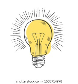 Vintage Light Bulb In Engraving Style. Hand Drawn Retro Lightbulb With Illumination For Idea Concept. Vector Illustration. 