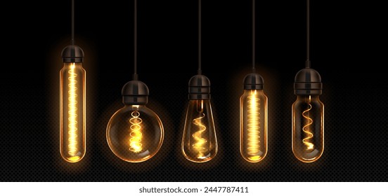 Bombilla de Antiguas colgando del techo. Lámpara Edison marrón oscuro con filamento eléctrico brillante y lámpara de vidrio de diferente forma. Ilustración vectorial 3D realista de la decoración de iluminación retro