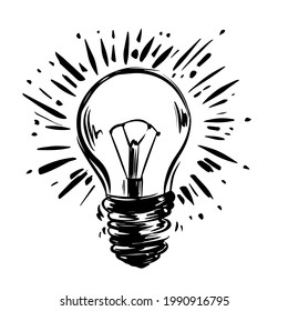 Vintage light bulb vector hand drawn illustration on white background. Light bulb icon logo.