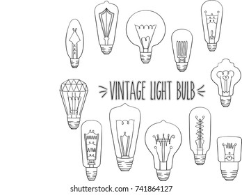 Vintage Light Bulbs, Black Outline,  Edison Electricity, Idea, Antique design, Technology, Science, Retro Sketch, Energy, freehand,  Lightbulb Clip Art, invention, Drawing Illustration, Vector Graphic