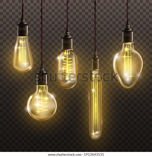 Vintage light\
bulbs hanging on filament set. Retro decor design vector\
illustration. Antique yellow glowing lanterns in glass with strings\
from ceiling on transparent\
background.