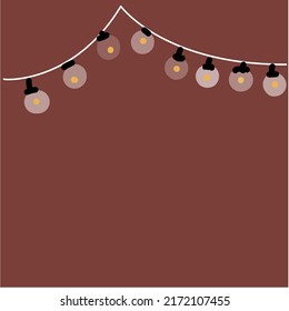 Vintage light bulbs and multicolored flags strung together on a brown background.
