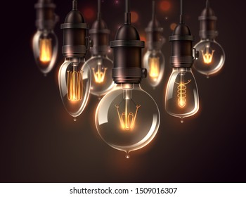 Vintage light bulbs on dark background. Realistic glowing lamps of different shapes in steampunk style. Electric lightbulbs, symbol of electricity and creativity. Vector retro style lamps background.