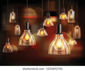 Vintage light bulbs realistic composition with blurry background and lots of hanging lamps with globe shades vector illustration