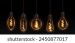 Vintage light bulbs set isolated on transparent background. Vector realistic illustration of electric glass lamps glowing with warm yellow light, retro style interior design elements, ceiling decor