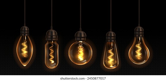 Vintage light bulbs set isolated on transparent background. Vector realistic illustration of electric glass lamps glowing with warm yellow light, retro style interior design elements, ceiling decor