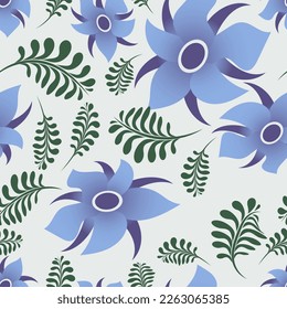 Vintage light floral seamless pattern. Beautiful art blue flowers and green leaves of different sizes are randomly arranged on a gray background. Vector.