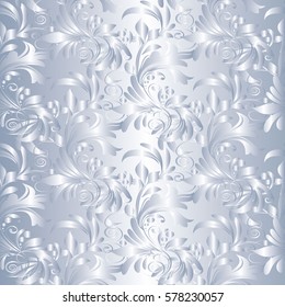 Vintage  light floral seamless pattern background wallpaper illustration. Vector 3d silver texture for fabric, textile, wrappings, covers, curtains.