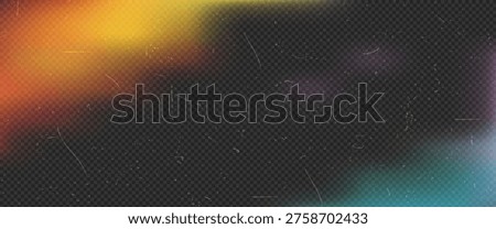 Vintage light leak overlay gradient from warm yellow to cool teal film dust scratches grain noise. Retro analog nostalgic cinematic effect perfect for photo editing.Vector illustration