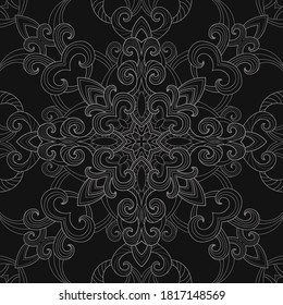 Vintage-Light-Mandala mit gestreiften kleinen und mittleren Elementen auf schwarzem Hintergrund. Nahtlose doodle abstraktes Muster. Geeignet für Tapete, Verpackung, Textilien.