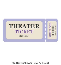 Vintage light purple  theater ticket template white isolated background. Admit one retro ticket. Ticket Admission Entry Event Design	