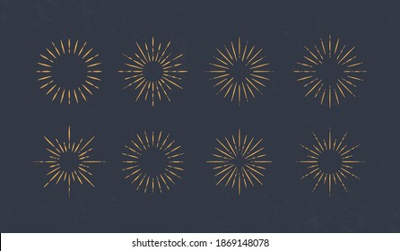 Vintage light rays, fireworks isolated on white background. Starburst retro design elements for logo, poster design. Sunburst icons. Vintage hipster style of Sun burst. Vector illustration