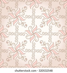 Vintage light rosy seamless texture. Ornamental backdrop. Pattern fill. Ornate floral decor for wallpaper. Traditional decor on beige background.  